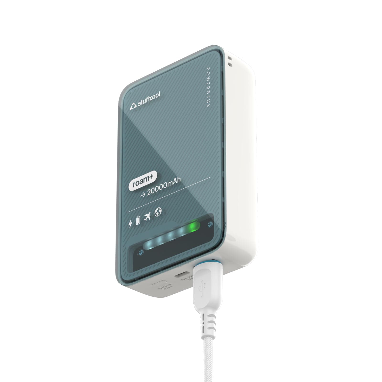 Stuffcool Roam+ 20000mAh Compact Powerbank with 20W Type C Output Charges iPhone 50% in 30 mins and 22.5 Fast Charging, Type A Port - Cool Transparent with Glossy Finish