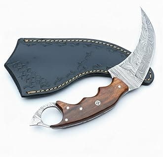 Warivo Handmade Damascus Karambit Knife, Fixed Blade Hunting & Camping Claw Knife with Sheath, Wood Handle, Sharp Outdoor Knife for Men & Women