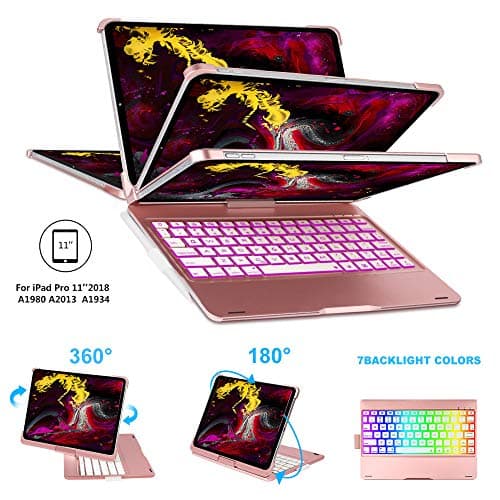 iPad Pro 11 Case 2018 with Keyboard Pencil Holder, 7 Colors Backlight, 360° Rotatable, Wireless Buletooth Connect, Support Pencil Charging, Rose Gold