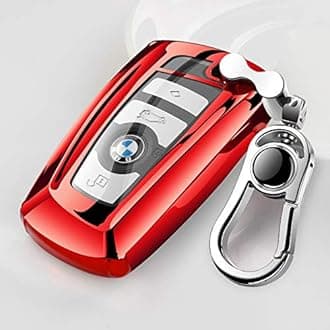 Tpu Silicone Full Protective Car Key Fob Cover for BMW，3 Buttons Remote Control Smart Key Case with Leather Keychain, Compatible with BMW 1/3/4/5/6/7 Series and X3/X4/M5/M6/GT3/GT5,etc.-Red