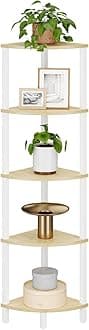 VIMBER Corner Shelf, 5-Tier Corner Bookshelf, Industrial Corner Ladder Shelf, Rustic Display Shelf for Living Room, Bedroom, Kitchen, Home Office, White and Nature Wood Color UJSJ001Q