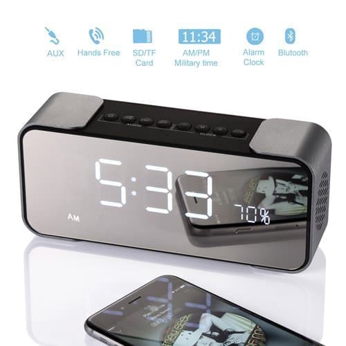 Bedside Alarm Clock with Bluetooth Speaker, Wireless Stereo Sound Speaker Built-in Micro SD Card, LED Nightstand Clock and Large Mirror LED Dimmable Display