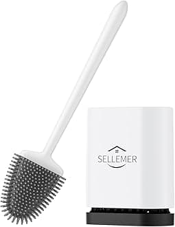 Toilet Brush and Holder Set - Flexible Toilet Bowl Brush Head with Silicone Bristles, Compact Size for Storage and Organization, Ventilation Slots Base (1 Pack, White)