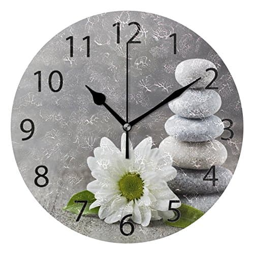 ABLINK Hipster Zen Stone and Flower Round Wall Clock, Silent Non Ticking Oil Painting Home Office School Decorative Clock Art