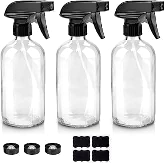 Glass Spray Bottles, 16oz Clear Glass Spray Bottles with Labels & Adjustable Nozzle, Reusable Containers for Cleaning, BBQ, Food, Plants, Alcohol, Essential Oils(3 Pack)