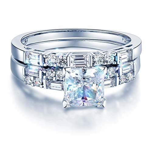 Solid 14k White Gold Polished CZ Cubic Zirconia Princess Cut Engagement Ring and Wedding Band Bridal Set