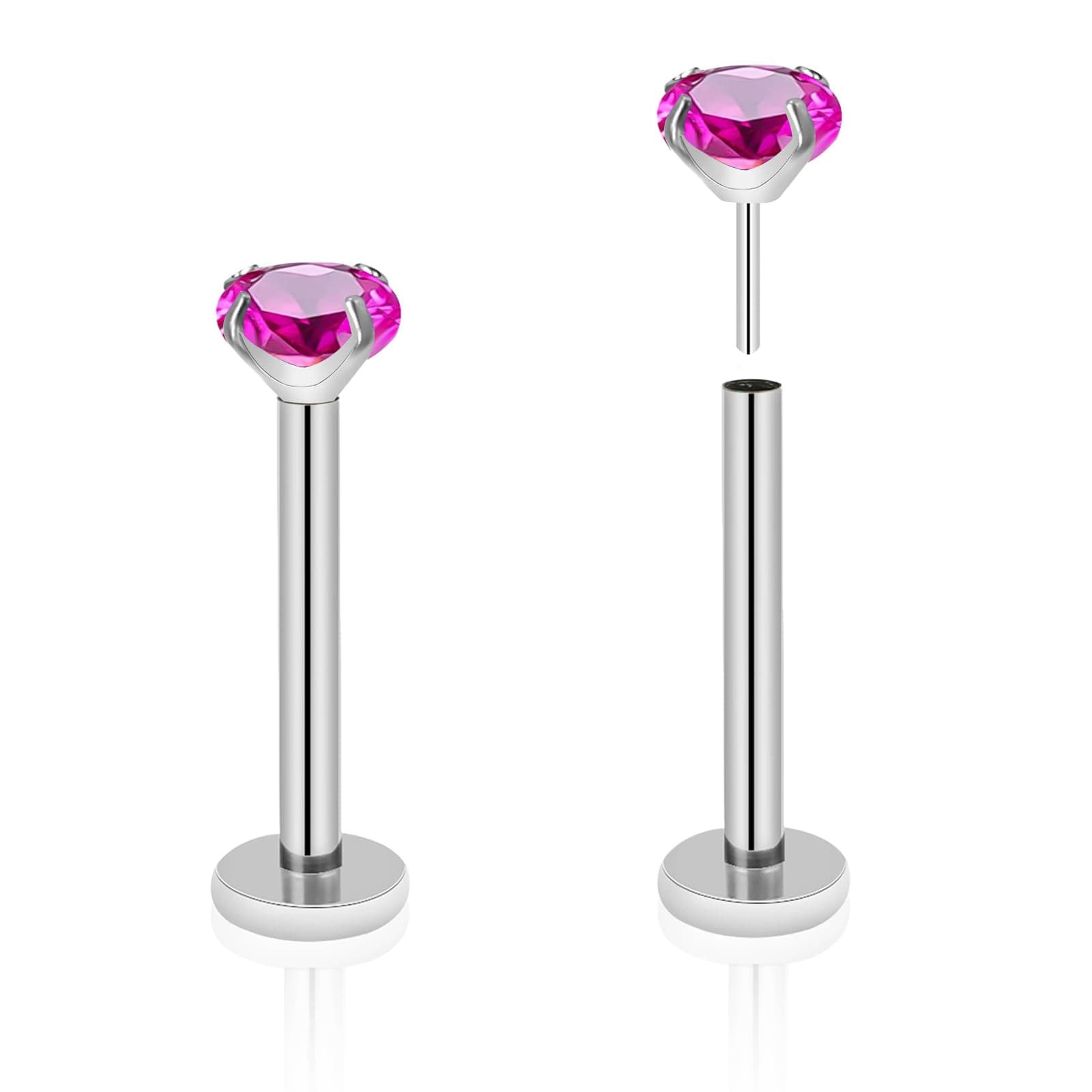 2pcs G23 Titanium 20G/18G/16G 6mm-12mm Threadless Push-in Flat Back Nose Stud Ring 2mm/3mm/4mm Prong CZ Monroe Labret Lip Rings Helix Nail Cartilage Tragus Earring Piercing Jewelry