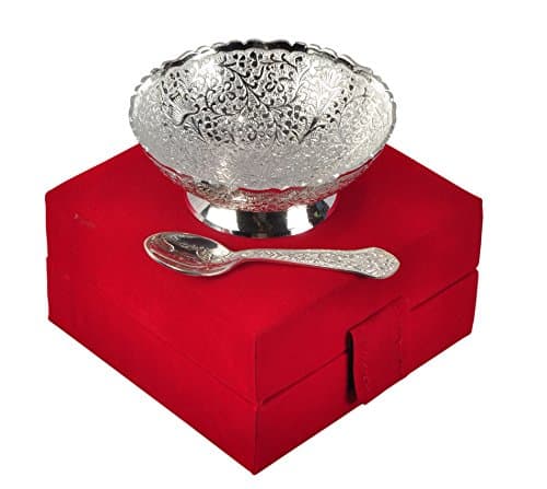 HHI German Silver Brass Floral Single Bowl with Single Spoon with Beautiful Velvet Box Packing for Dry Fruit, Chocolate, Sweet, HomeDecor