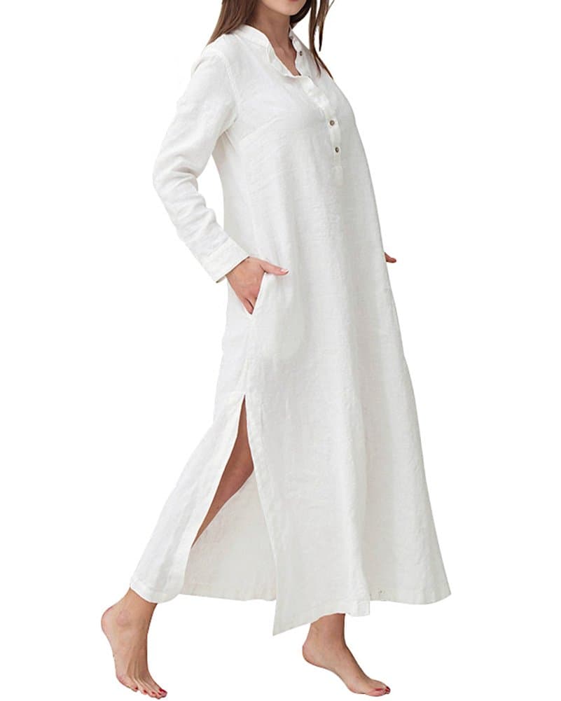 HIUPEBWomen's Plus Size Long Sleeve Cotton Linen Split Kaftan Maxi Dress S-3XL