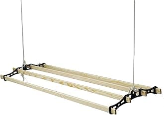 Black Cast Iron Wooden Hanging 118cm Retro Vintage Antique 4 Lath Slat Victorian Edwardian Clothes Horse Creel Airer Dryer Kitchen Rack Ceiling Pulley Laundry Drier