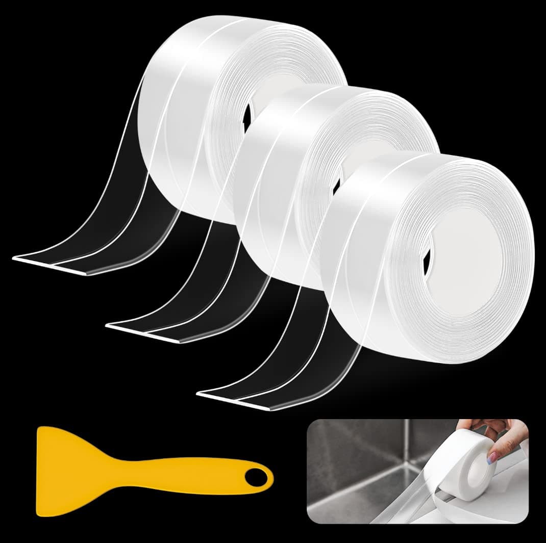 3 Rolls Clear Bath Sealant Strip Waterproof Bathroom, Self Adhesive Transparent Caulk Strip Sealant Tape for Bathroom, Kitchen, Bathtub, Toilet, Wall Floor, with Sealing Tool
