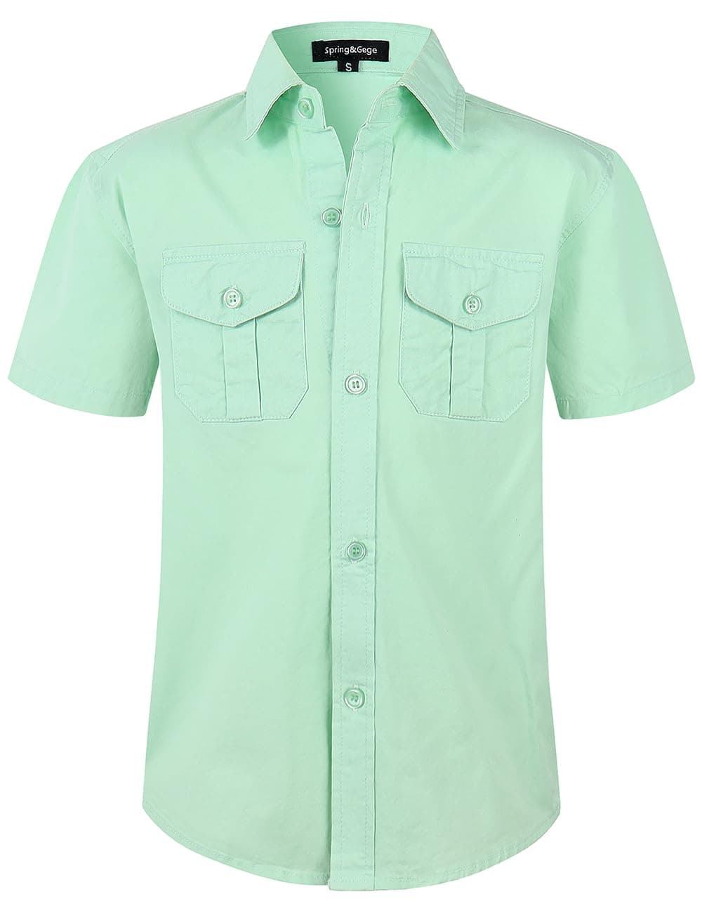 Spring&Gege Boys' Short Sleeve Button Down Shirts for Kids Woven Solid with Two Pockets