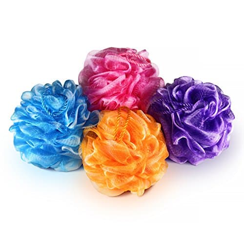 Bath and Shower Sponge Mesh Pouf Set- Hygienic Exfoliating Soft Colossal 60 Gram Loofah, Package of Four Colorful Two-Tone Poufs for Men, Women, Kids and Babies. Refreshing Luxury Bath Accessories