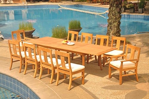 Grade-A Teak Wood 10 Seater 11 Pc Dining Set: 118" Double Extension Rectangle Table and 10 Osborne Chairs (2 Arm & 8 Armless Chairs) #WFDSOS91