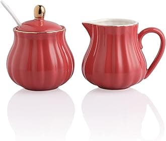 SWEEJAR Royal Ceramic Sugar and Creamer Set, 3 Piece Set with Cream Pitcher, Sugar Bowl, Sugar Set with Lid & Spoon, Coffee Serving Set Wedding Gift (Watermelon Red)