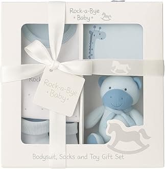 Baby Boy Newborn Baby Essentials 4 Piece Luxury Boxed Baby Gift Set - Baby Shower Gifts for Mum, Featuring Bodysuit, Bib, Socks and Soft Toy, (Blue, 0-3 Months)