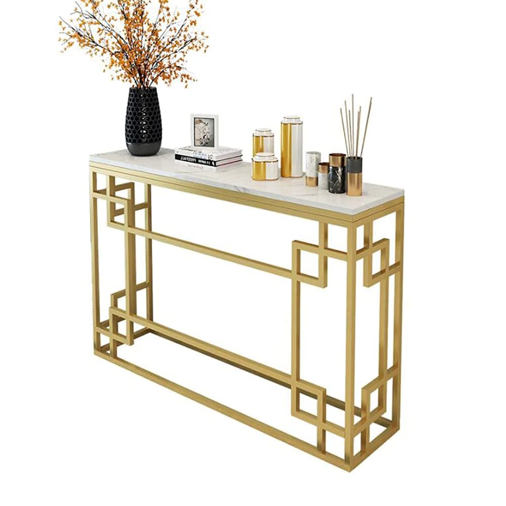 ZJCQAHallway Console Side Table Faux Marble Modern End Table Hall Table Living Room Table/Metal Frame For Dining Room, Tea, Home (Golden/Black)(Size:80x30x80cm,Color:ZJCQA)
