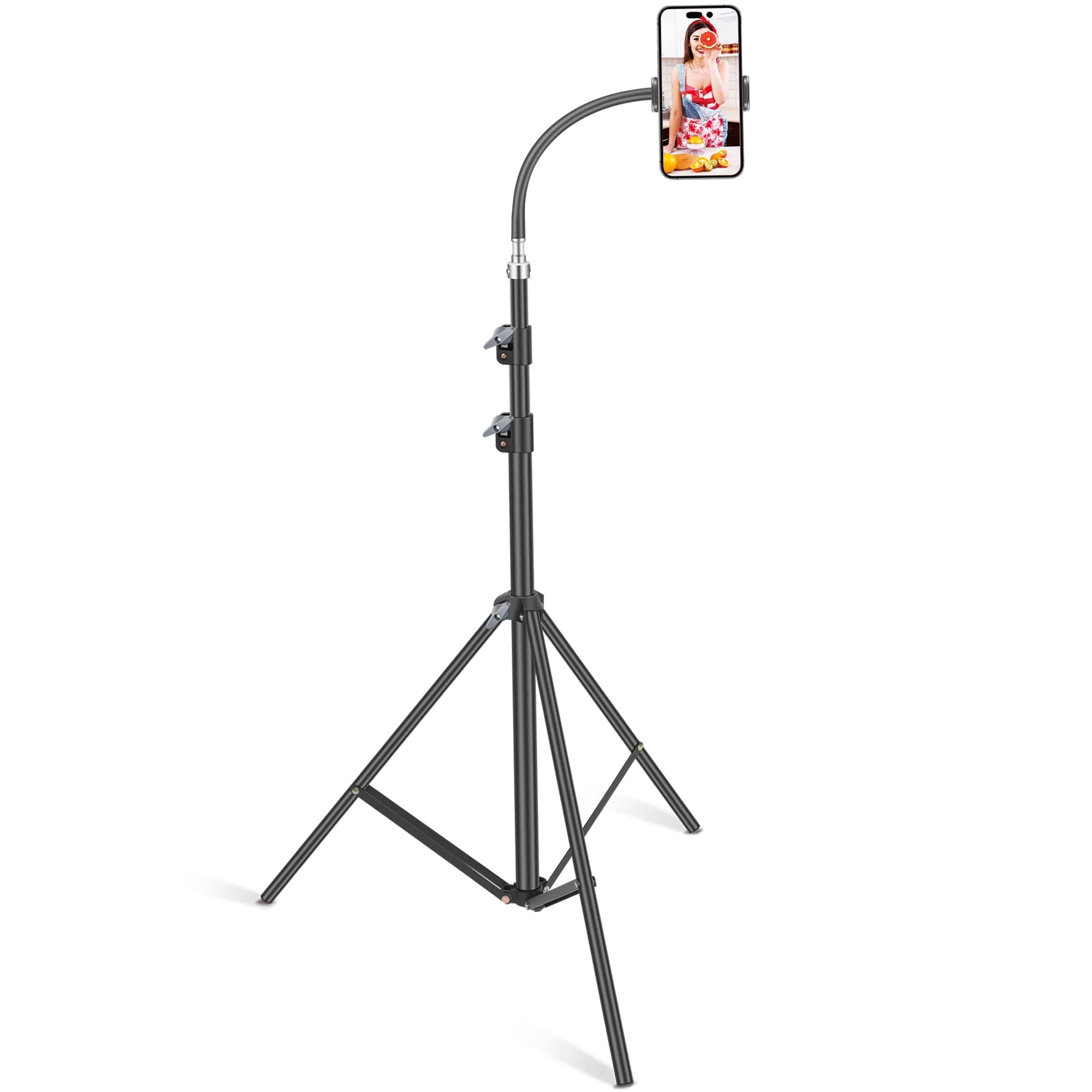 Floor Tripod Stand, 7.2 Feet Retractable Adjustable Gooseneck Tall Tripod for iPhone 12 Pro Max, iPhone 11 Pro Max, iPhone Xs Max, with Smart Phone Holder Clamp