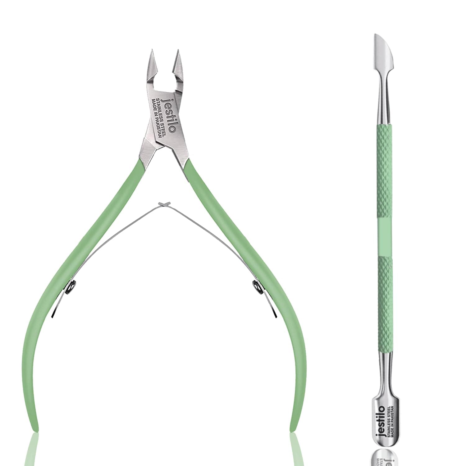 Jestilo Cuticle Remover Tool Set with Cuticle Cutter and Cuticle Pusher - Stainless Steel Professional Cuticle Nipper and Pusher Nail Care Tools for Salon and Level Mani-Pedi at Home (Green)