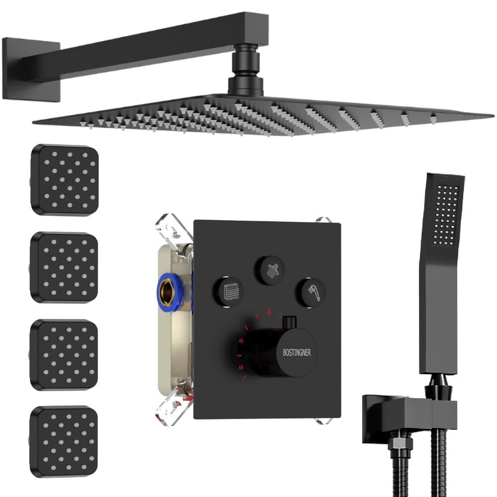 Thermostatic Rain Shower System, 12 Inch Matte Black Wall Mount Faucet Set with Body Jets and Valve, All Functions Simultaneous Use