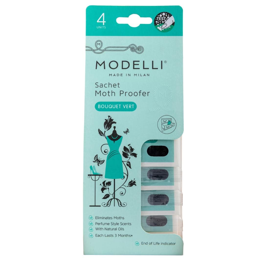 Sachet Moth Proofer, Pack of 4 Sachets - Ideal for Protecting Clothes, Fabrics & Woolens - Bouquet Vert - Visual End of Life Indicator