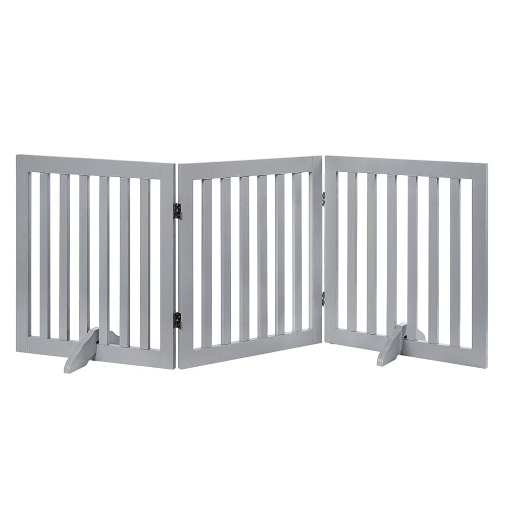 Indoor 3 Panels Classic Freestanding Wooden Foldable Pet Gate with Support Feet - Grey, 20" W x 24" H
