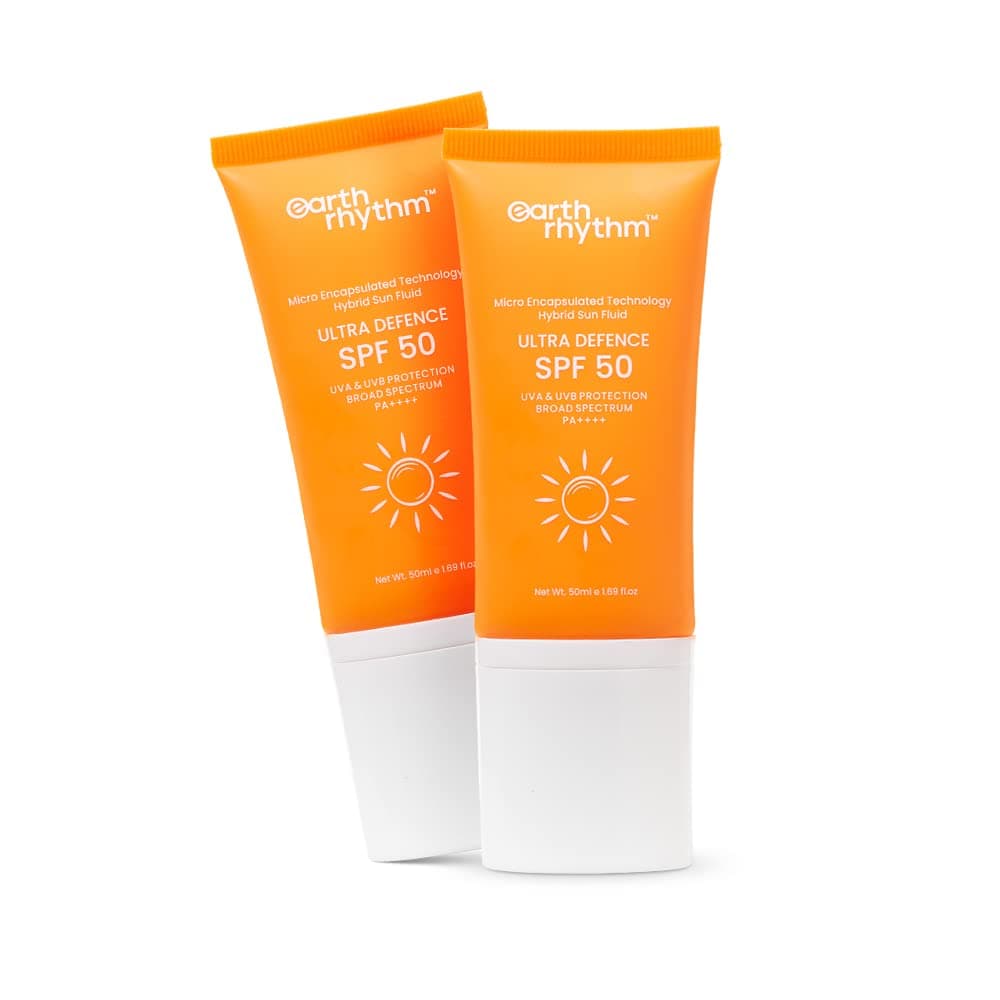 Earth Rhythm Ultra Defence Hybrid Sunscreen SPF 50 for Oily, Sensitive, Acne Prone or Dry Skin| PA++++, Non Sticky/Non Greasy, Leaves No White Cast | Men & Women - Pack of 2 (50ml Each)