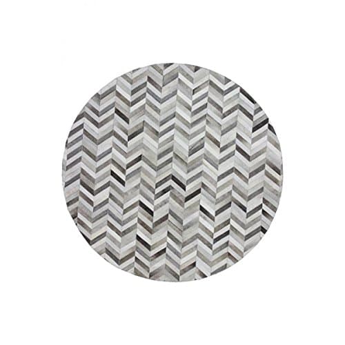 Hand-Stitched Grey Chevron Cow Hide Leather Round Rug 4x4 ft