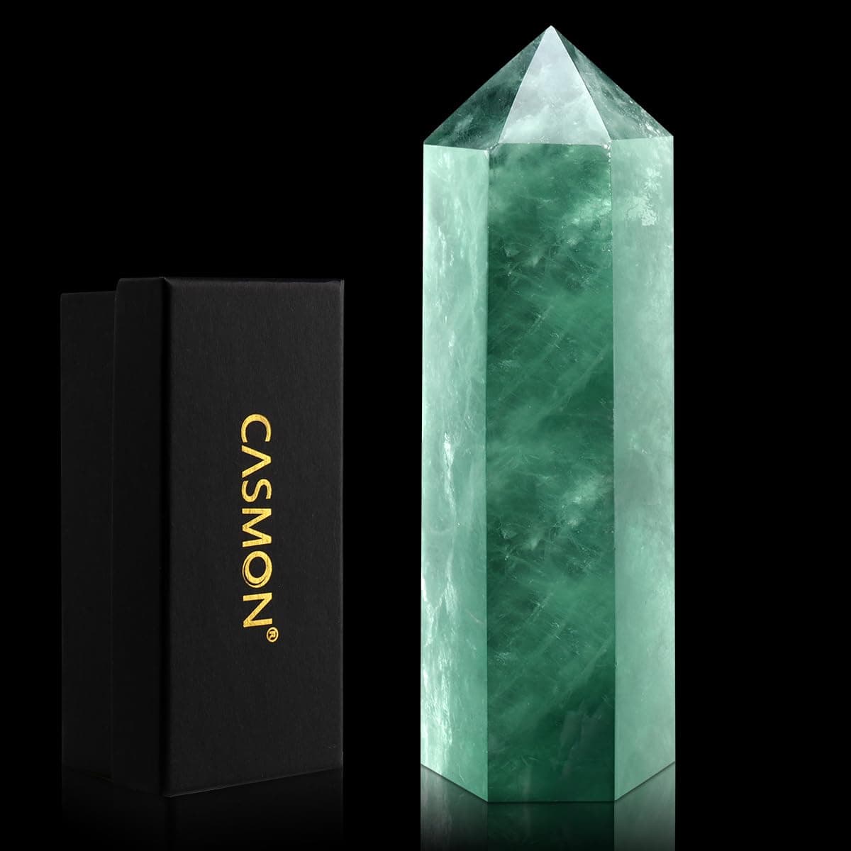 CASMON Large Healing Crystal Wands 3.9"-4.3"(10-11cm), Natural Green Fluorite Obelisk Crystal Tower Stone, 6 Faceted Single Healing Crystal Point for Reiki Chakra Meditation Therapy (1PC)