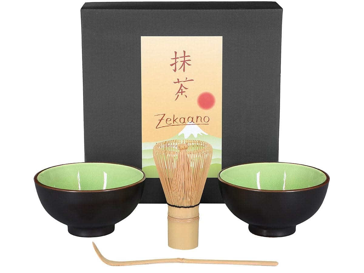 4-Piece Matcha Set with 2 Matcha Bowls, Matcha Spoon and Matcha Whisk (Bamboo) in a Gift Box, byAricola® Summer green