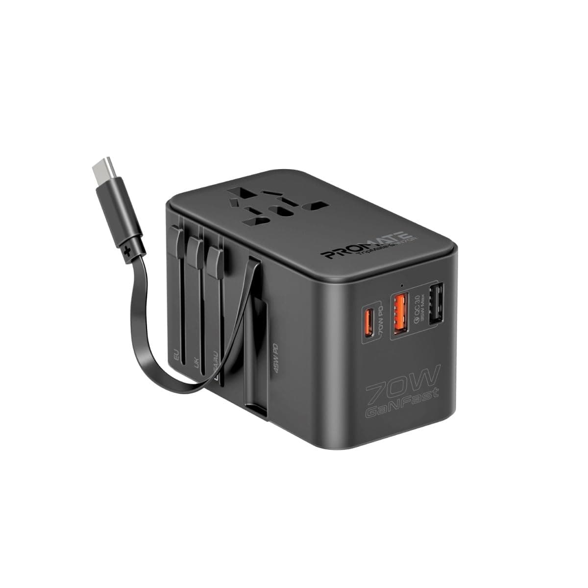 – Promate iPhone 17 Travel Adapter, Universal Grounded Power Adapter with 1840W AC Socket, 20W USB-C Power Delivery Port, 15W USB-C Port, 3 USB Ports, TRIPMATE-GAN70R