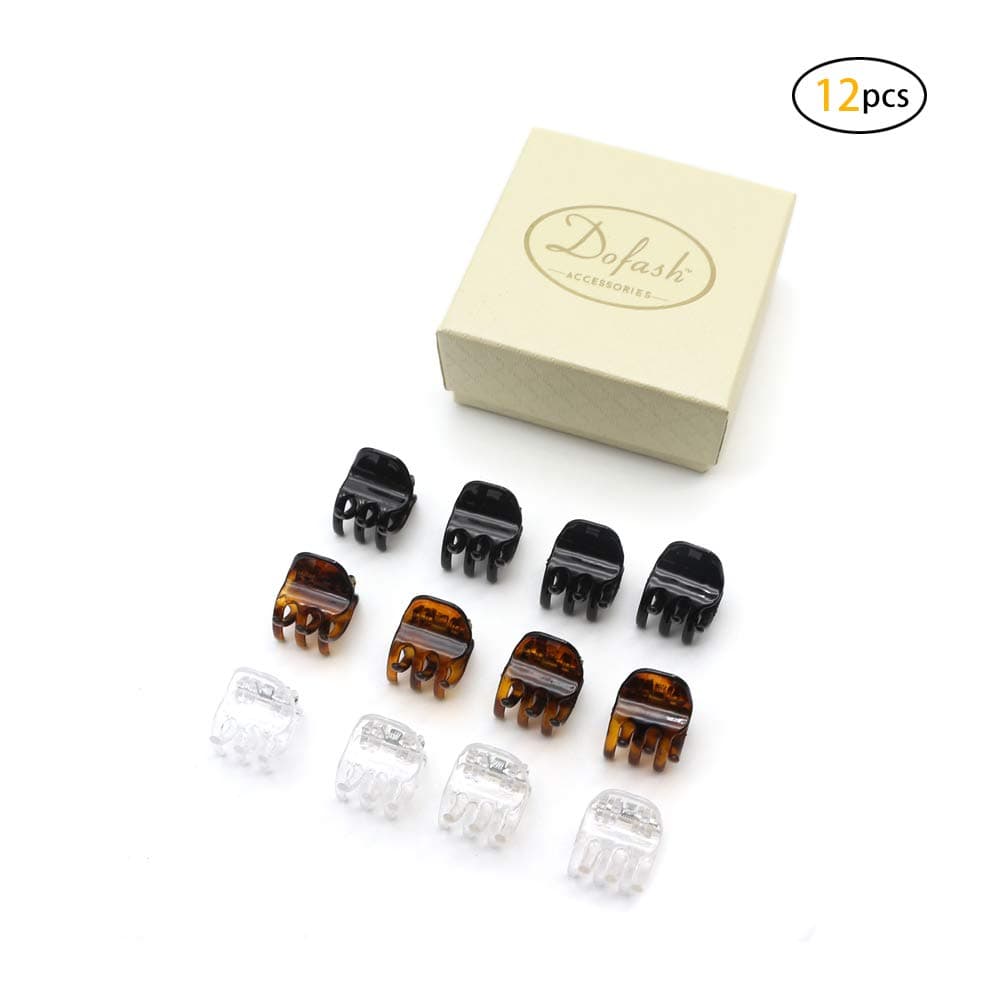 Dofash Small Mini Hair Claw Clips Plastic 12pcs 1.8Cm Hair Accessories With Gift Box For Girls (Black + Tortoise +Clear)