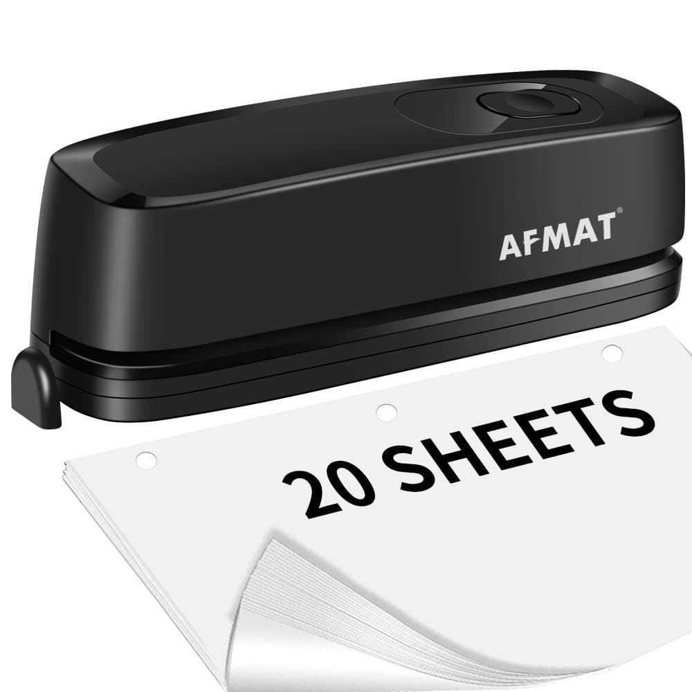 AFMAT Electric 3 Hole Punch, 20-Sheet 3 Hole Puncher for Binder, Effortless Punching, 9/32" Hole Diameter, Paper Hole Puncher 3 Hole Heavy Duty, for Office/School/Studio, AC or Battery Operated, HP01