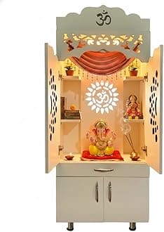 5 feet X 2 Feet Premium Wooden Temple for Home with Door (Pre-Assembled) Modern Pooja Mandir with LED Light,Storage Cabinet & OM Design I Pooja Stand for Living Room & Office | Devghar,
