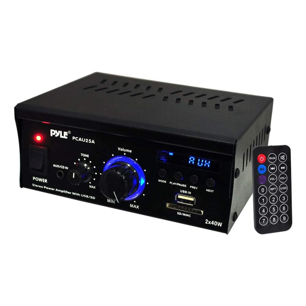 Pyle Home Audio Power Amplifier System - 2x40W Dual Channel Mini Theater Power Stereo Sound Receiver Box w/ USB, RCA, AUX, LED, Remote, 12V Adapter - For Speaker, iPhone, Studio Use