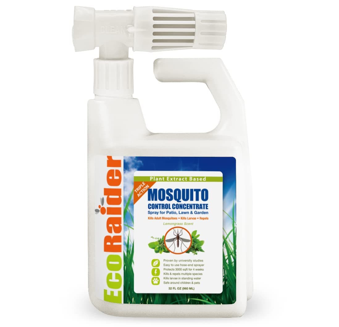 by EcoRaider Mosquito Control Triple-Action Hose-end Spray 32OZ, Kills All Stages+ Larvae Control+ Lasting Repellency, Citrus Scent, Non-Toxic Child-&-Pet-Safe