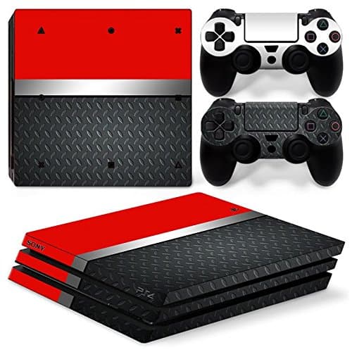 ZOOMHITSKINS PS4 Pro Console and Controller Skins, Red Metal Steel White Light Grey Silver Graphic Modern Simple, Durable, Bubble-free, 1 Console Skin 2 Controller Skins, Made in USA