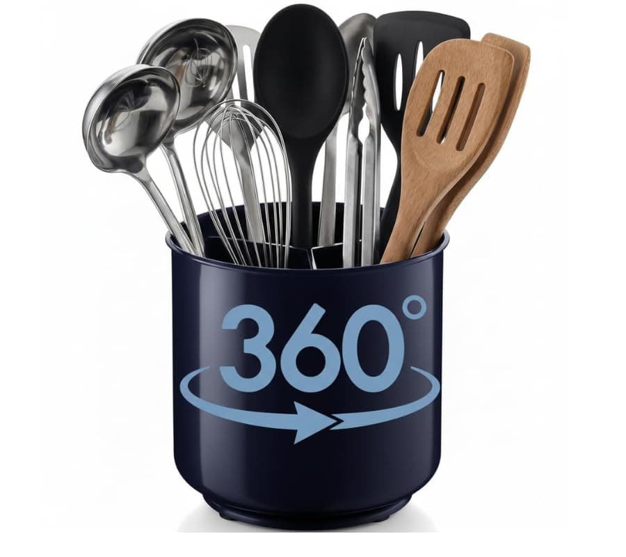 Cooler Kitchen Jumbo Plastic Rotating Extra Large Utensil Holder Crock with No-Tip Weighted Base, Removable Divider, and Gripped Insert - Kitchen Utensil Holder for Kitchen Counter: Blue Utensil Caddy
