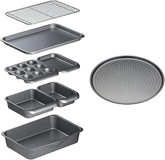 MasterClass Smart Space Stacking Non-Stick Bakeware Set, 7 Piece Baking Trays, Gift Boxed & KCMCCB14 Crusty Bake Perforated Pizza Tray with PFOA Non Stick, Robust 1 mm Carbon Steel, 32 cm, Grey
