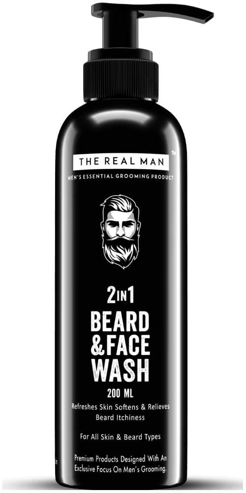 THE REAL MAN 2 in 1 Beard & Face Wash 200ml. With Extract of Aloe Vera | Neem & Vitamin E. 100% Organic. Refreshes Skin Softens & Relieves Beard Itchiness (PACK OF 1)