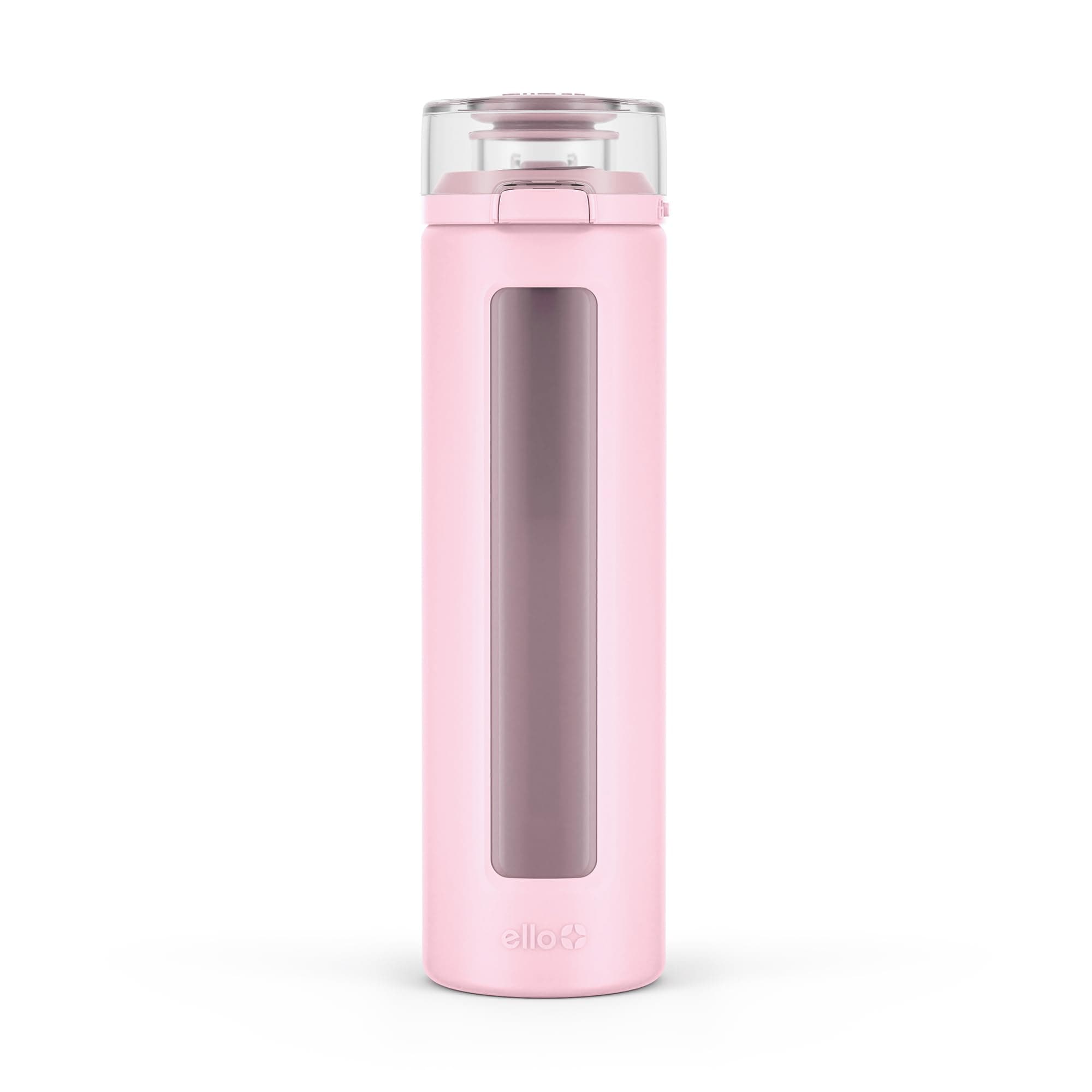 Ello Syndicate 20oz Reusable Glass Water Bottle with One-Touch Leak Proof Flip Lid, Protective Non-Slip Silicone Sleeve, Carry Loop for Coffee, Tea and Water, BPA-free, Dishwasher Safe, Cashmere Pink