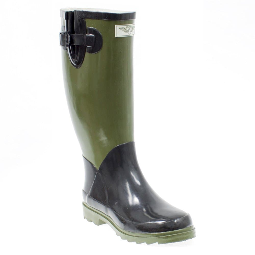 Forever Young Women's Rain Boots Rubber Flat Mid Calf Wellies (Black/Olive) (6)