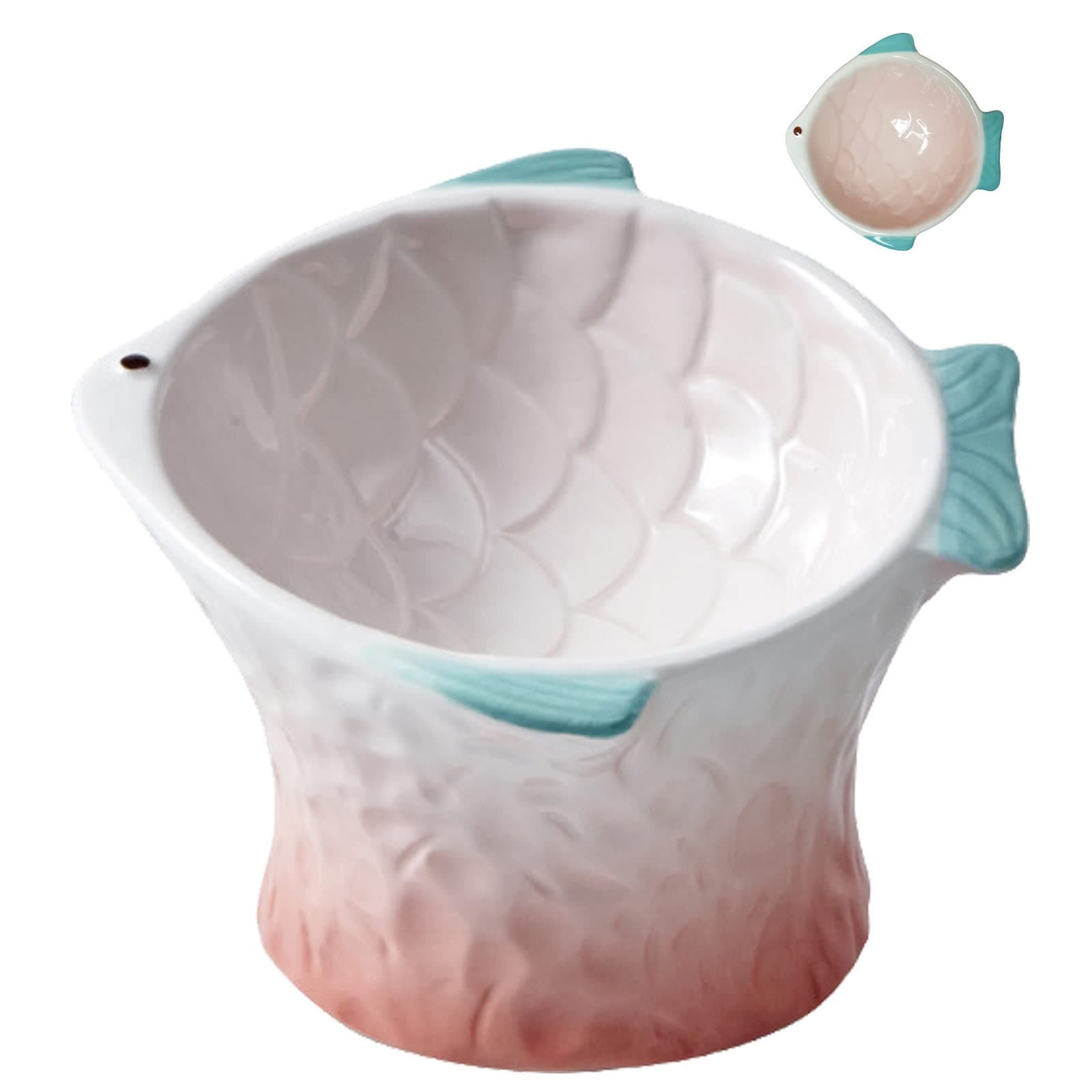 Raised Tilted Ceramic Cat Food Bowl,Cute Pink Fish Shape Elevated Slanted Shallow Angled Cat Dish,Personalized Pet Feeder for Kitty Dry Wet Treats Feeding,Ergonomic Anti Vomiting Whisker Fatigue