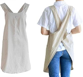 Soft Cotton Linen Apron Cross Back X-Shaped Japanese Style Pinafore Dress for Cooking, Housewarming, Daily Chores