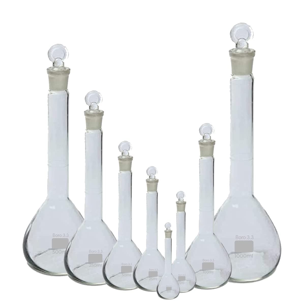 Salco Volumetric Flask Class A with Glass Stopper, Heavy Wall Borosilicate Glass Volumetric Flask - Set of (5, 10, 25, 50, 100, 250, 500, 1000 ML)