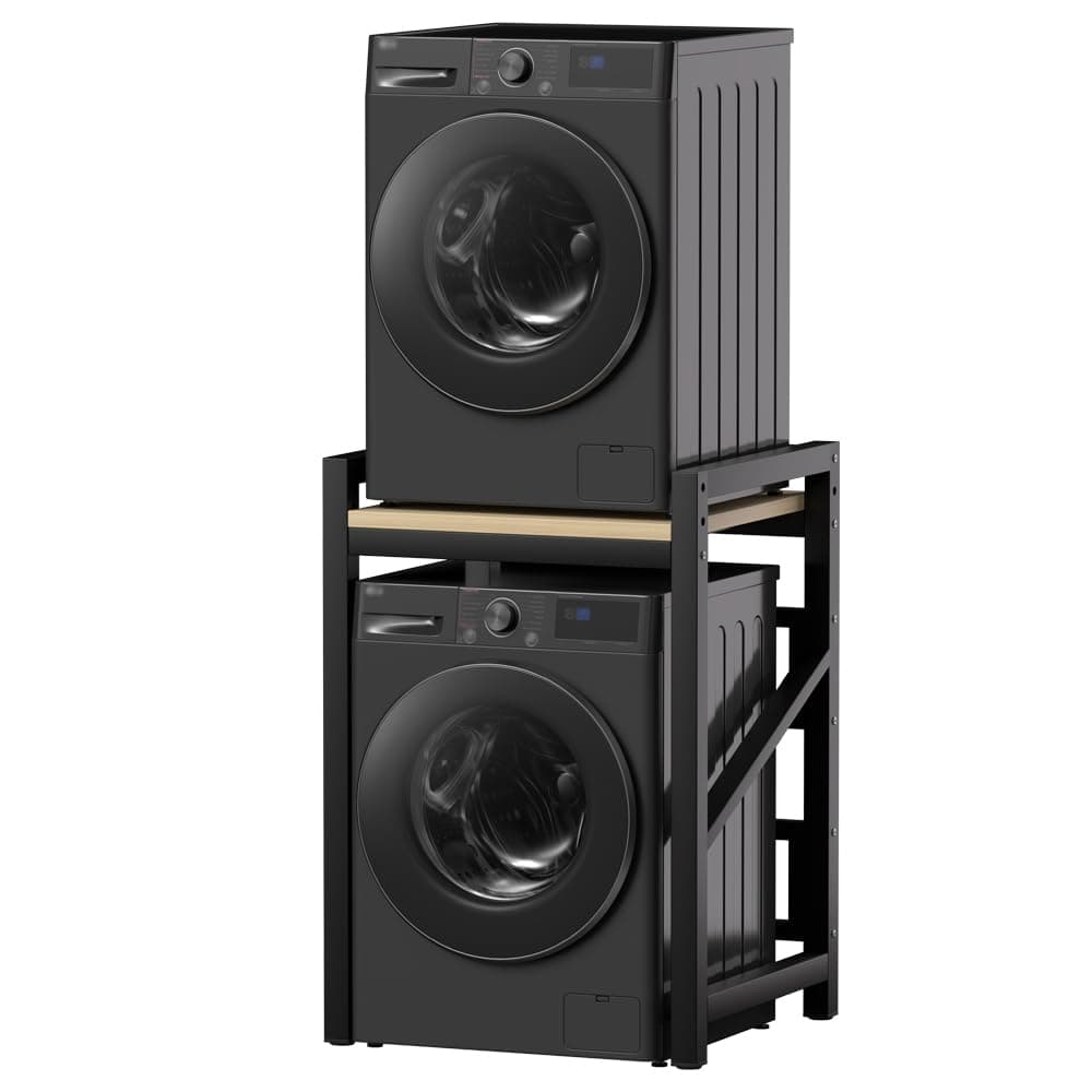 Over The Washer and Dryer Storage Shelf, Height Adjustable Washer Dryer Machine Stacking Rack, Space Saver Washer Dryer Stacking Kit, Metal Frames (Black Washer Dryer Stacking Kit)