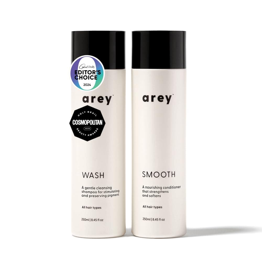 Arey Shower Duo | Wash Shampoo and Smooth Conditioner | Delay + Reduce the Signs of Aging Grey Hair | Retain Moisture, Promote Smoothness | Vegan, Gluten-Free & Cruelty Free (2 Pack, 8.45 Fl Oz each)