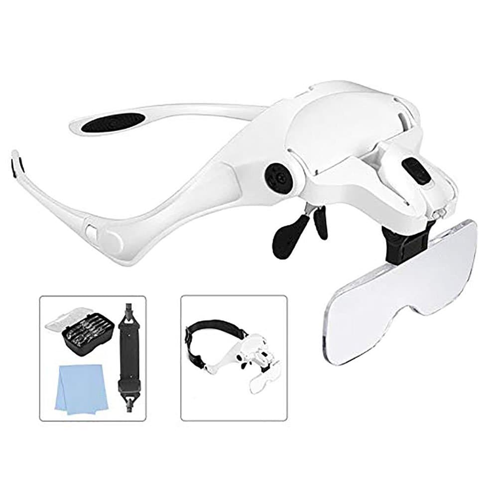 Lighted Head Magnifying Glass Headset with LED Light Headhand Magnifier Loupe Visor Hands Free for Jewelry,Repair,Sewing,Crafts,Eyelash Extension,5 Lenses(1X,1.5X,2X,2.5X,3.5X)