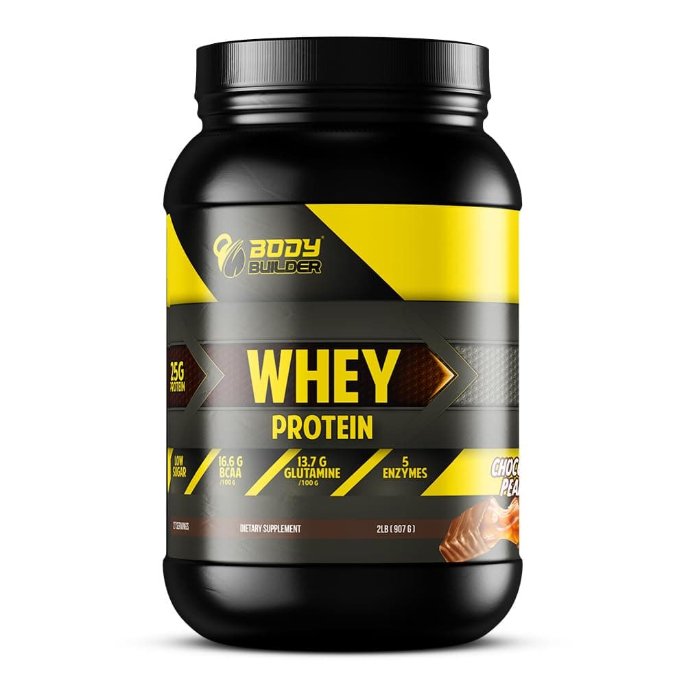 Body Builder 100% Whey Protein - 25g Protein, BCAAs, Glutamine, Digestive Enzymes for Lean Muscle Growth & Endurance, Suitable for Vegetarians & Keto Dieters (Chocolate Peanut, 2 LB)