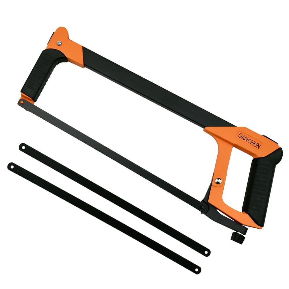 Hand Saw, 12 inch Hacksaw Frame Heavy Duty Adjustable Hacksaw with 2 Extra High-Carbon Steel Blade for Steel Pipe Cutting, PVC, Carpentry, Woodworking